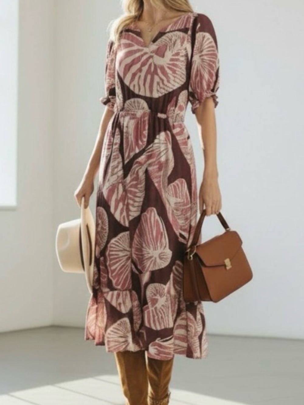 Umgee Seashell Tropical Print Midi Dress Plum/Mauve Puff Sleeve Tiered Size 2XL